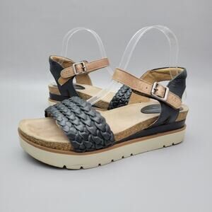 Josef Seibel Clea Ankle Strap Sandals Women 39 US 8.5 Black Woven Leather Wedge